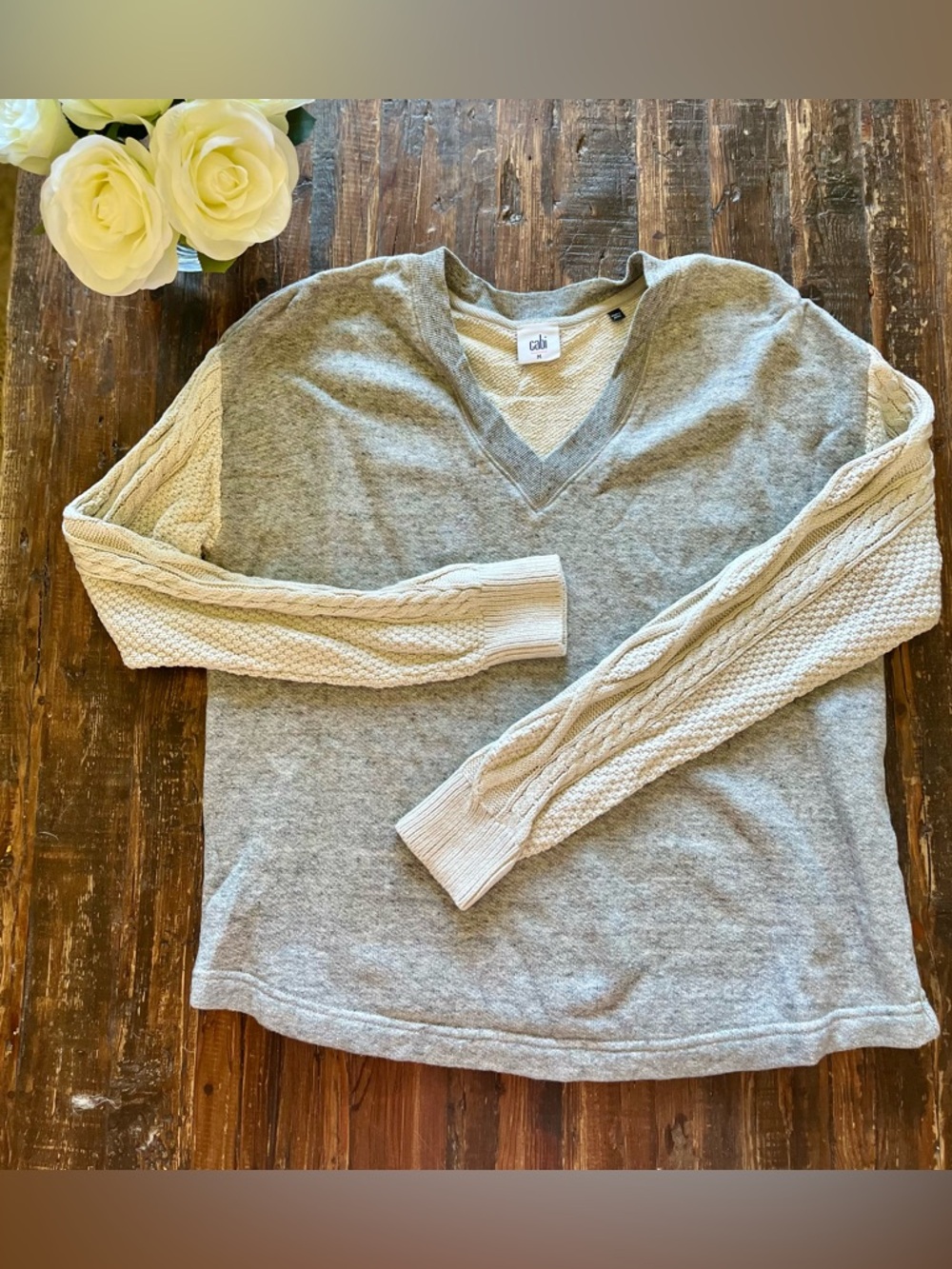 CAbi Fusion sweatshirt Sweater: Two-Tone V-Neck in Gray and Cream Sz M